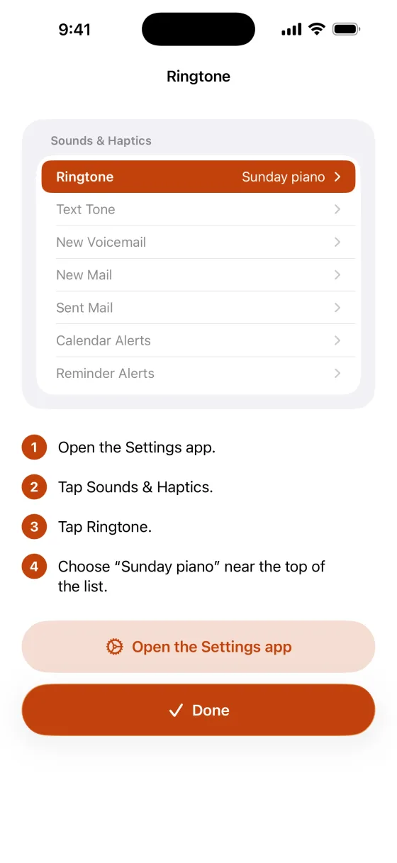 Ready in under a minute. Four numbered steps to set the ringtone in Settings.
